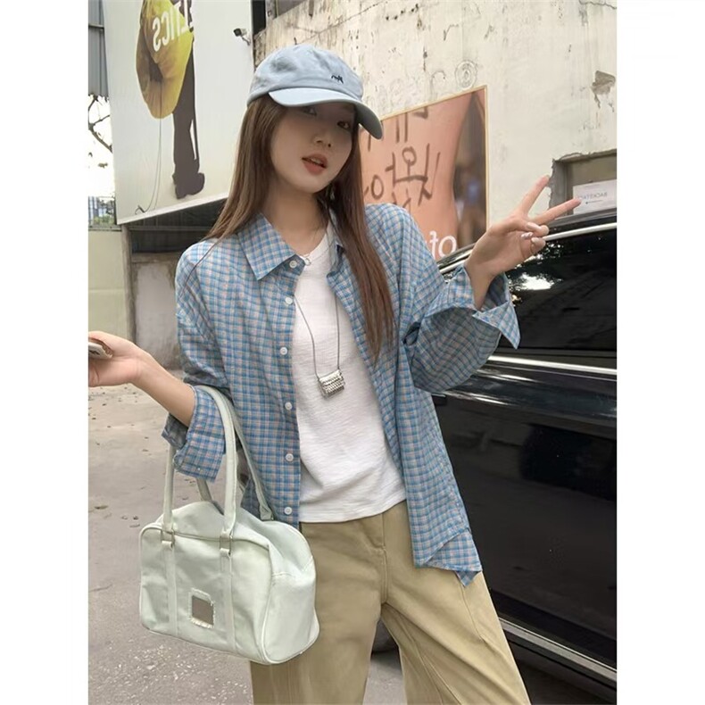 蓝色格子衬衫上衣女2025新款夏季薄款慵懒风休闲宽松,男装衬衫,星座1210-1