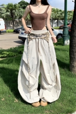 美式复古叠穿设计感绑带伞兵裤女宽松休闲褶皱阔腿裤YD9043-P65，男装休闲裤，星座509