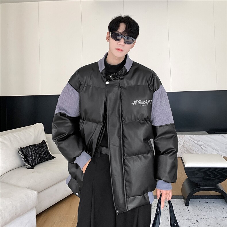 港风毛线衣拼接PU皮棉衣男成分：聚酯纤维MY78756P140控198,男装针织衫/毛衣,星座227-7