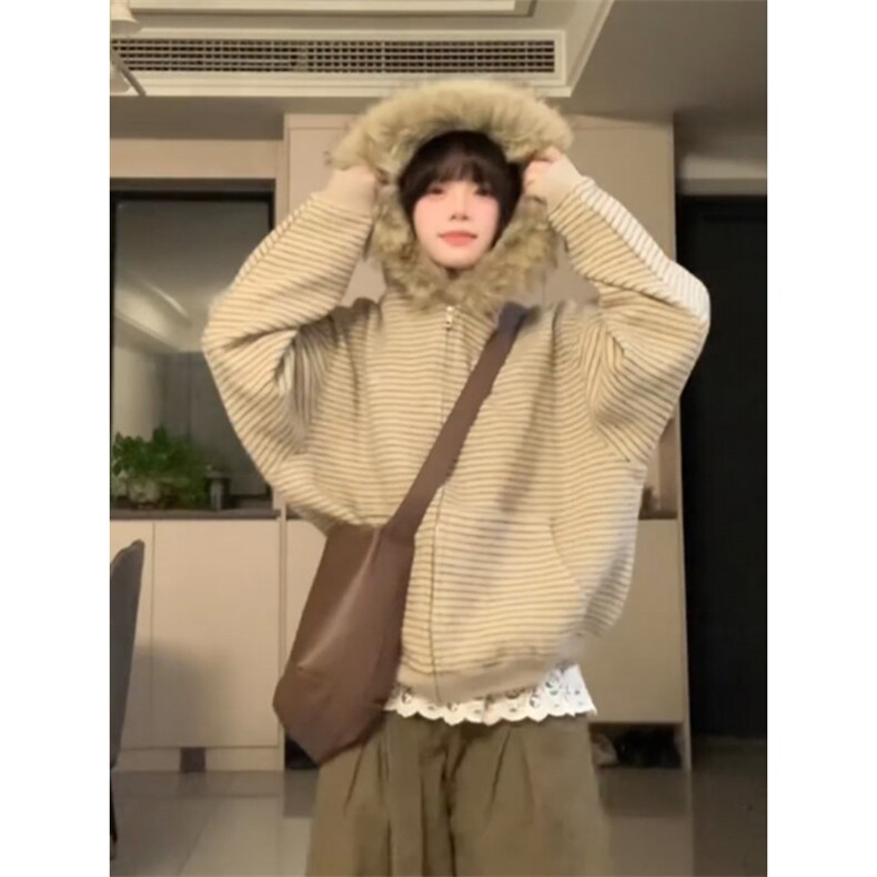 网图美式复古条纹毛领连帽卫衣外套女秋季休闲宽松开衫上衣特P79,女装短外套,电商C306-1