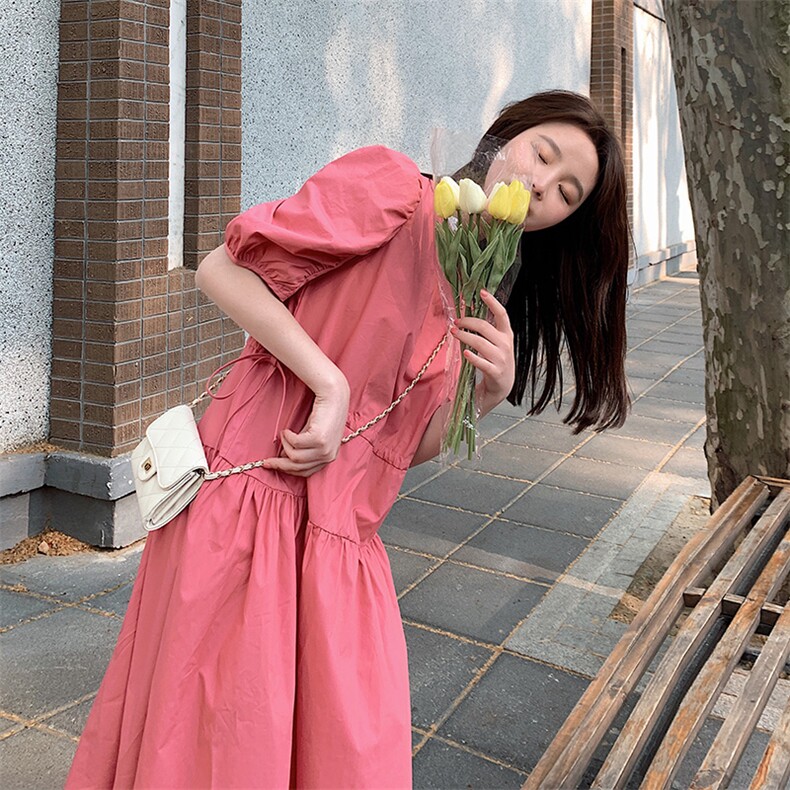 现货2021夏季新款圆领收腰连衣裙浙宝292A货号W003,女装连衣裙,时倾STUDIO