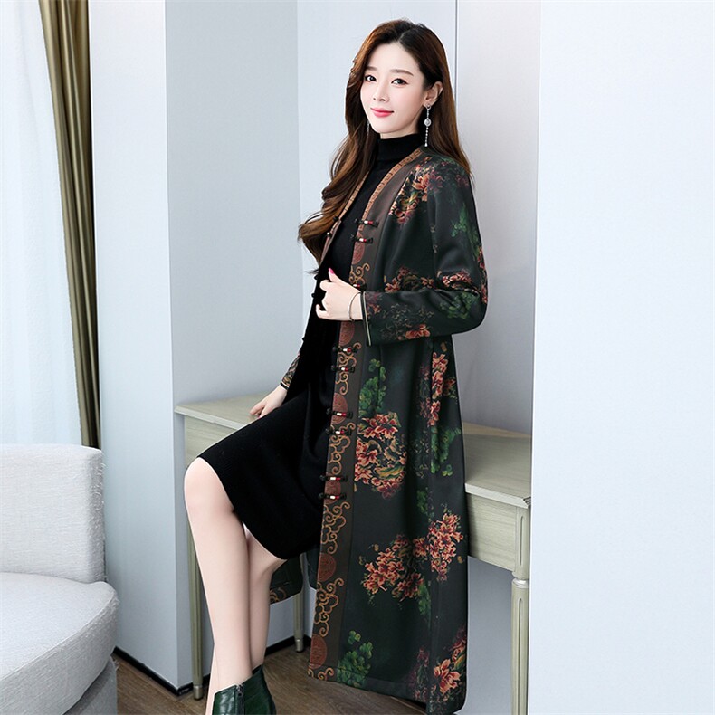 2021秋冬新款绢纺香云纱旗袍外套加厚保暖秋冬开衫印花外搭女长袖,女装毛呢外套,韩然一族