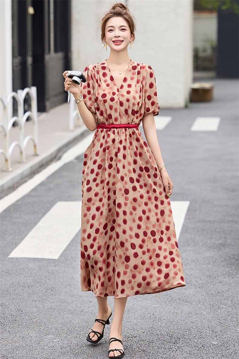 波点印花连衣裙女夏季2025新款高端洋气时尚淑女气质减龄法式裙子,女装连衣裙,魅丽静蓝