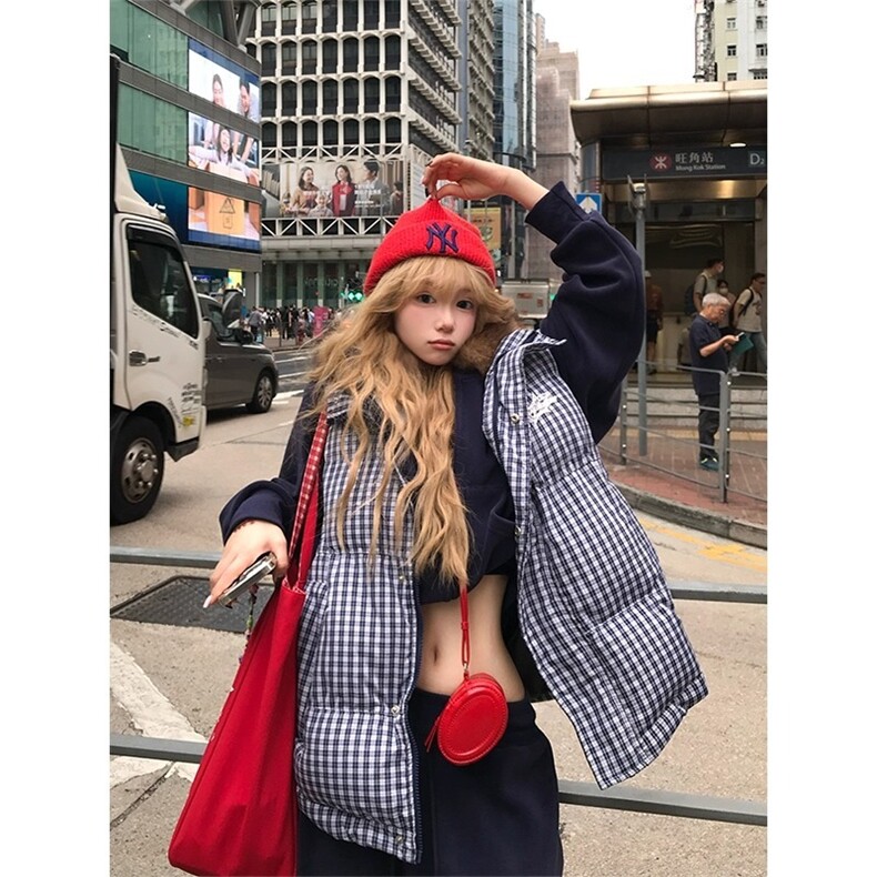 美式复古刺绣撞色格子立领棉马甲男女秋冬宽松休闲无袖外套图片