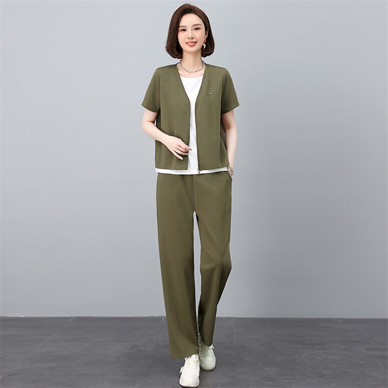 休闲套装女2025夏季新款时尚洋气假两件短袖卫衣搭配一整套运动服,女装套装/套裙,忆绮罗