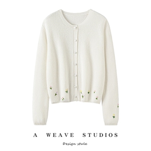 2025时尚简约百搭元宝针绣花开衫，女装针织衫/毛衣，兴泰羊绒