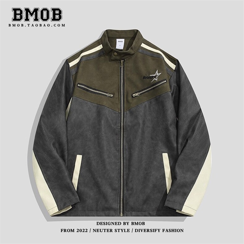 网图现货复古拼接撞色皮衣外套秋款潮牌痞帅机车夹克RJK8573-P78，男装皮衣，星座1005-4