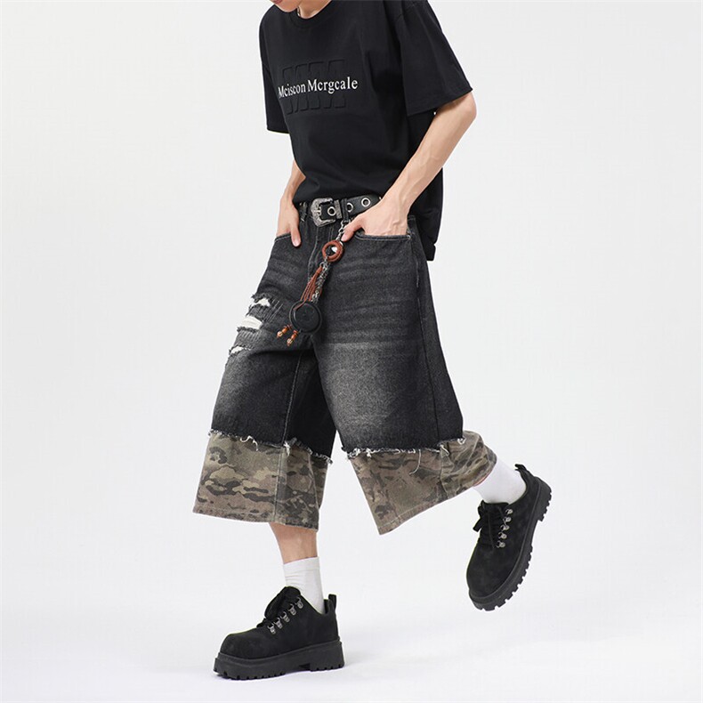 美式复古做旧拼接破洞牛仔短裤潮牌新款宽松阔腿七分裤,男装牛仔裤,星座410-6（原星座1304-1）