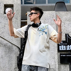 万针全刺绣解构设计260克重磅双纱纯棉高品质美式高街短袖T恤特35，男装T恤，电商A486