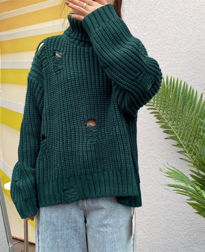 高领破洞毛衣，女装针织衫/毛衣，SMOOTH