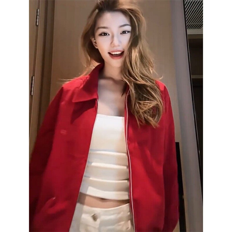 春季新款港风美式vibe潮流短款男女红色哈灵顿夹克外套JK1426-P85图片