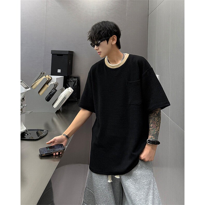 春夏韩系极简老钱风拼色阔版重磅短袖T恤男休闲短袖短袖撞色特P35,男装T恤,电商B319