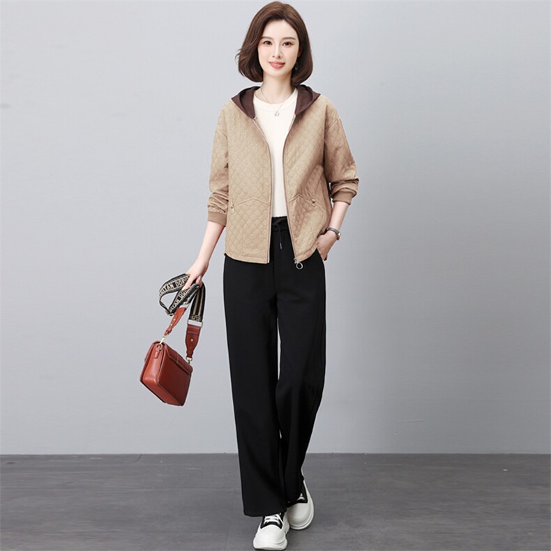 春秋新款时尚两件套装女休闲宽松格子连帽开衫直筒裤中老年妈妈装,女装套装/套裙,璐依舞