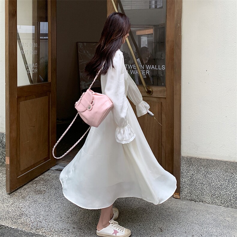 法式气质花边拼接白色连衣裙女春秋2025新款独特漂亮绝美优雅长裙,女装连衣裙,2D035