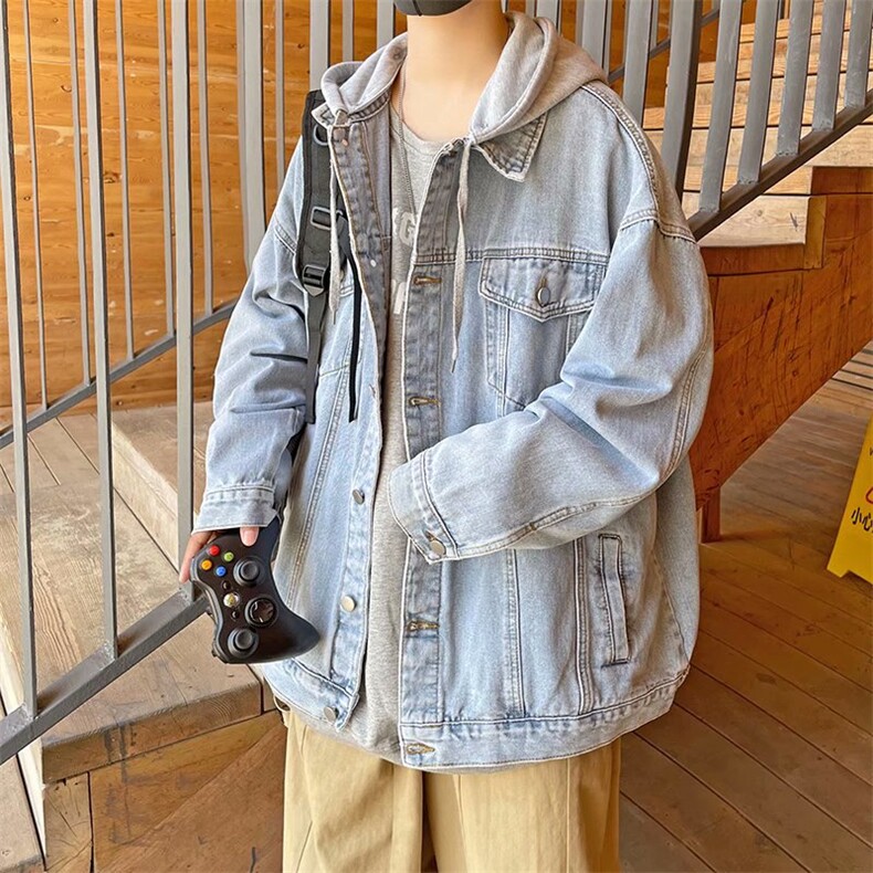 假两件牛仔外套男春秋新款宽松痞帅韩版夹克休闲帅气潮牌连帽上衣,男装工装外套,星座1210-1