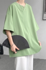 wassuphappy冰丝亚麻短袖t恤男夏季薄款凉感透气棉麻七分袖体恤，男装T恤，电商A059
