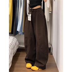 美拉德棕咖色工装弯刀牛仔裤女春季潮流水洗高腰宽松阔腿镰刀裤子，男装牛仔裤，星座1409-3