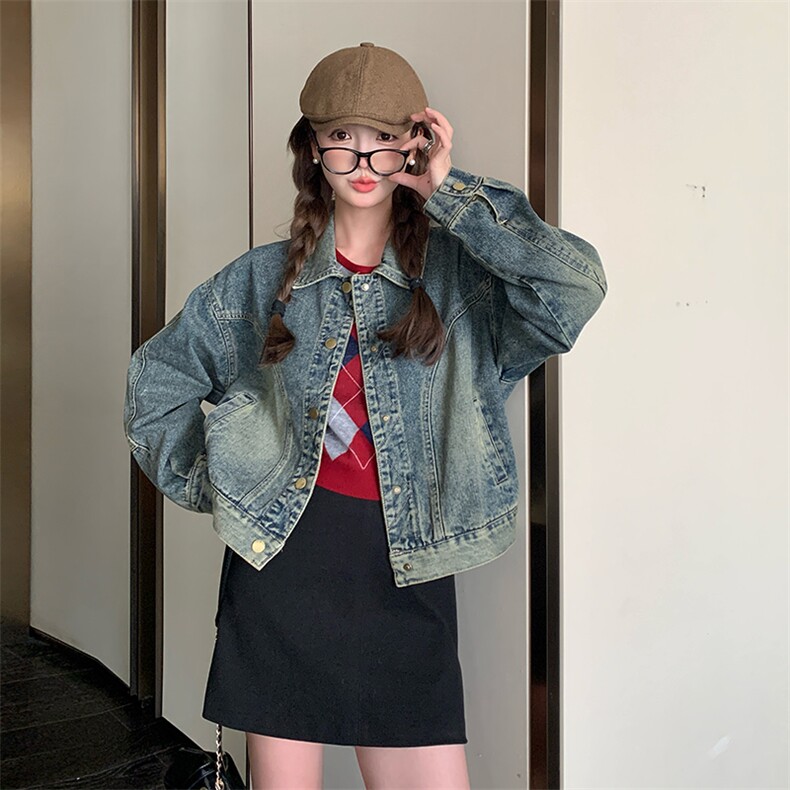 宽松慵懒风复古牛仔外套女2024春秋新款美式休闲显瘦工装夹克上衣,女装牛仔外套,纯色衣恋