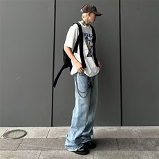 美式复古水洗拼接牛仔裤男宽松直筒痞帅牛仔裤1001-1-N785-P52，男装牛仔裤，星座1001-1