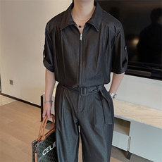 夏季网红时尚天丝牛仔中袖衬衫男套装时尚裤子两件套潮TZ259-P140，男装衬衫，电商B267