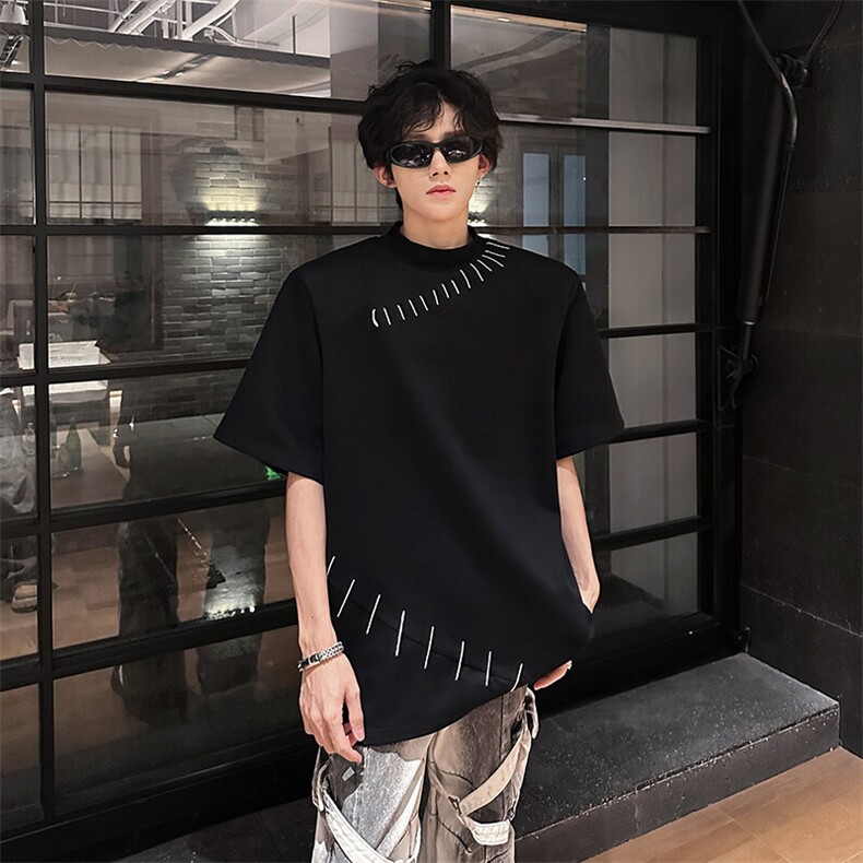 手工缝线重磅美式T恤垫肩圆领潮牌小众设计微高领短袖907P42，男装T恤，电商A458A