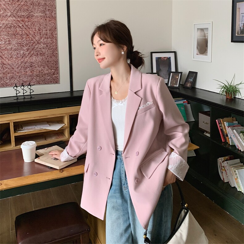 高级感双排扣西装外套女2025春季新款韩版气质通勤灰色休闲小西服,女装西装,2C015