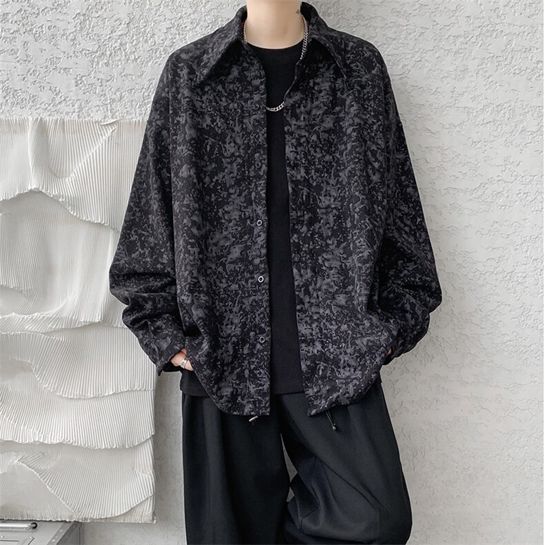 现货10057-P45控68小众扎染百搭抽绳衬衫男秋季港风宽松长袖，男装衬衫，电商A059