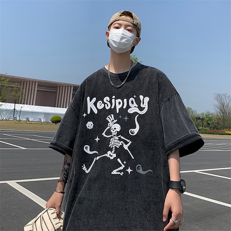 重磅240克水洗T恤XY5100-TP35控48港风个性拉浆印花宽松上衣男,男装T恤,电商A102-1