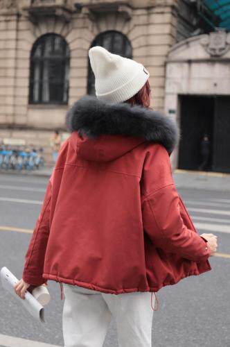 2021早冬上新大狐狸毛领左胸贴牌拉链设计短款派克服，女装，红雀纺