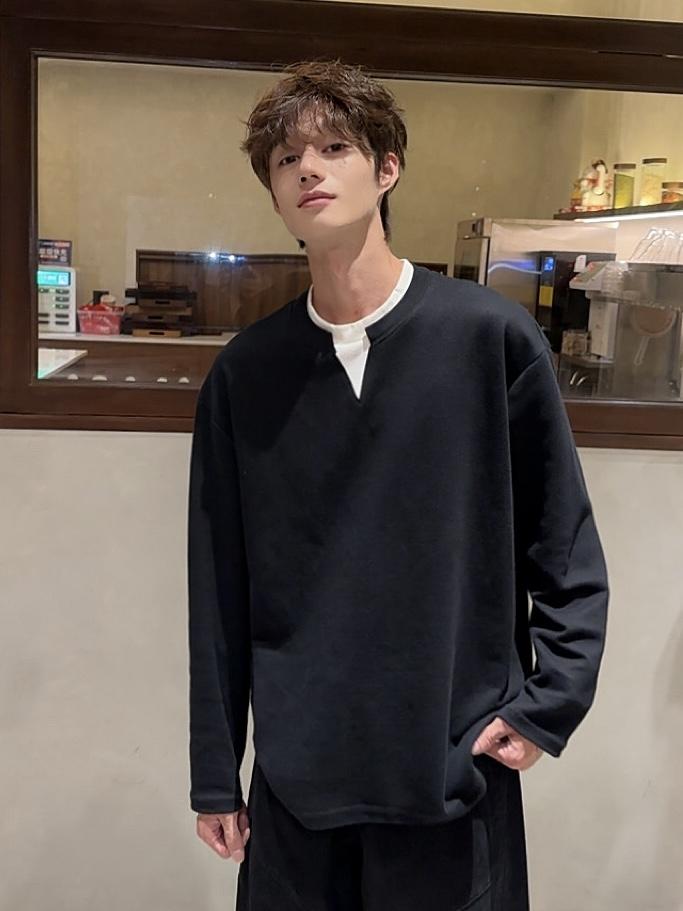网图现货假两件T恤百搭宽松拼色V领圆领免烫情侣百搭纯棉CT88/P45,男装T恤,电商B318