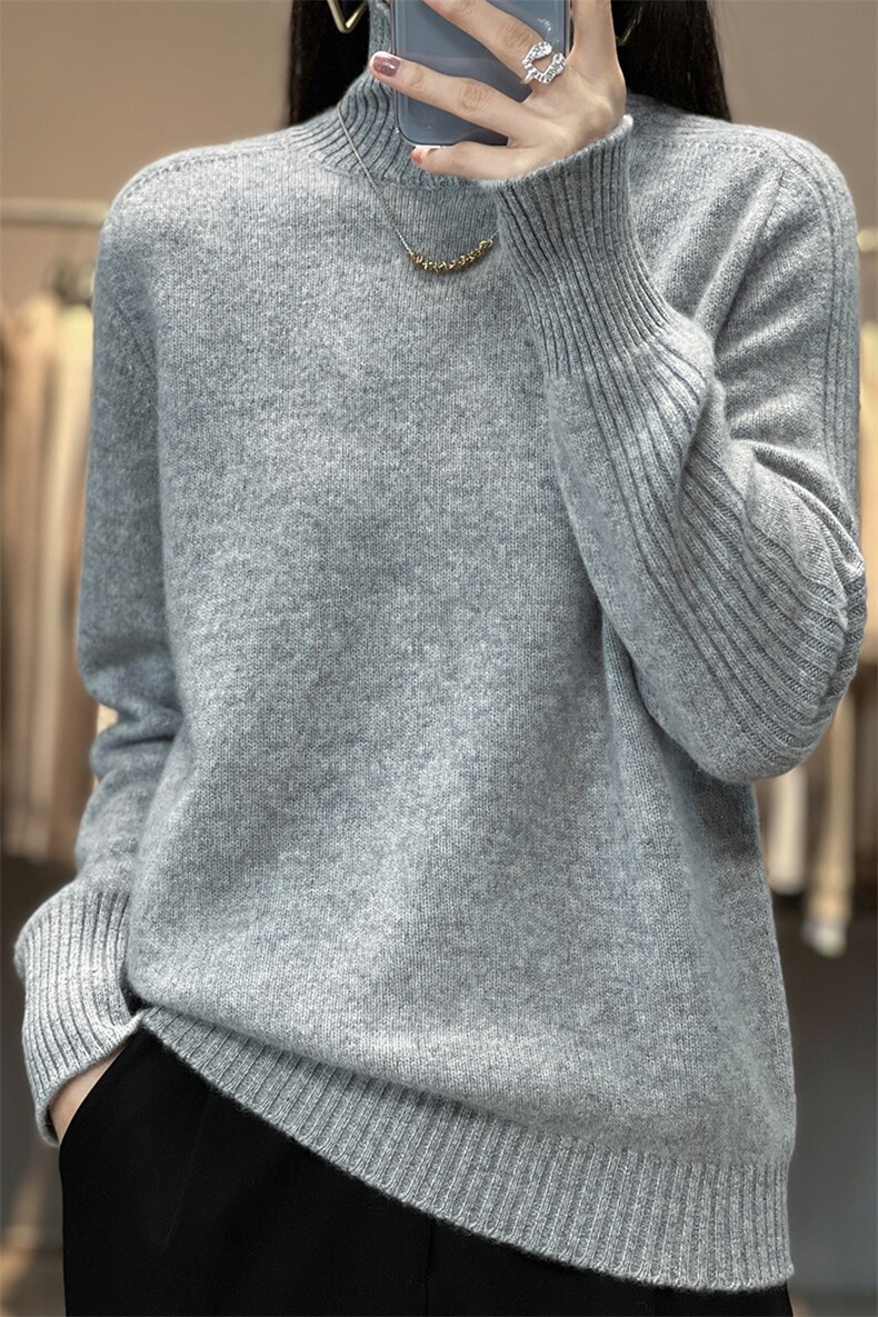 重磅加厚100羊毛衫女宽松套头时尚针织毛衣半高领打底冬装,女装羊毛衫,奢优羊绒
