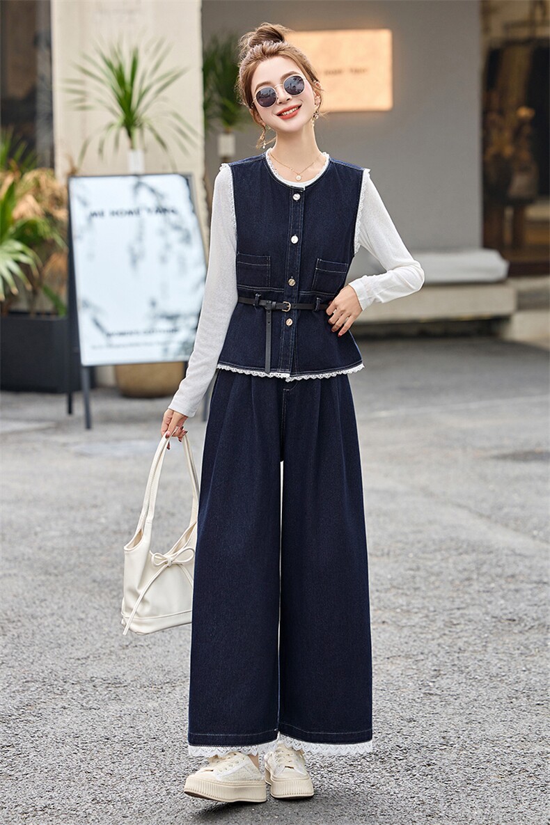 韩系穿搭小香风时尚马甲套装女2025春季新款气质牛仔阔腿裤三件套,女装套装/套裙,伊仟回