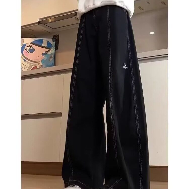春秋高街潮流辑明线设计色织弯刀裤男士高级感宽松百搭阔腿牛仔裤,男装牛仔裤,星座506A