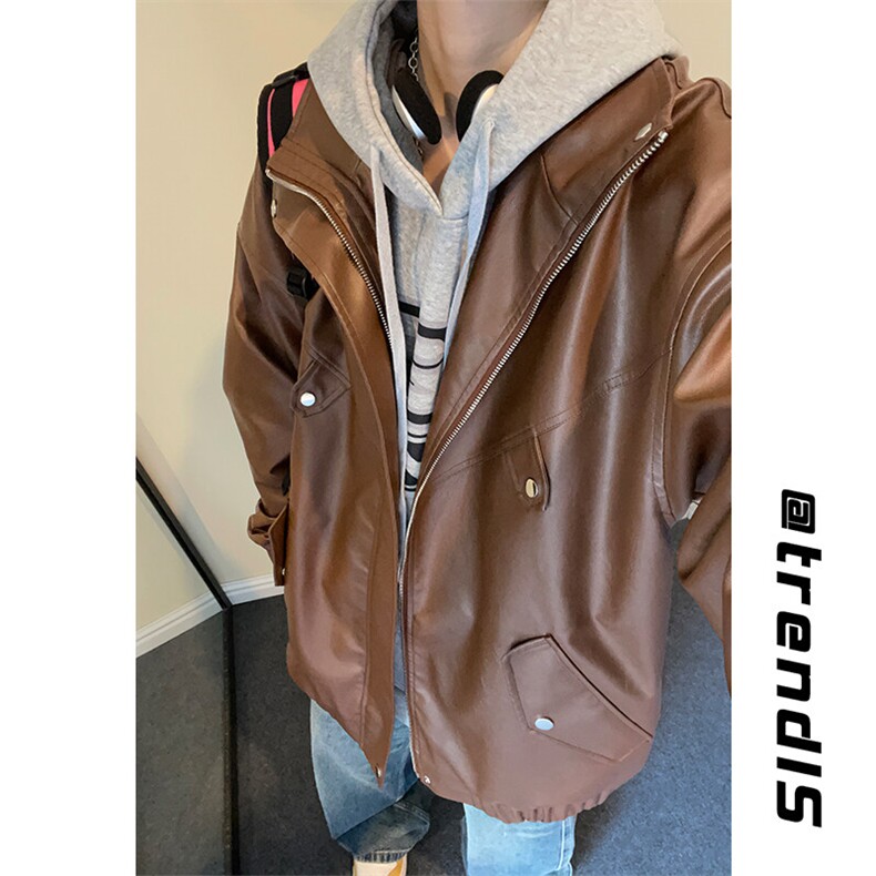 2025春季新款内景自拍大码立领帅气皮衣夹克M-5XHJ23685-特P70,男装皮衣,电商A022