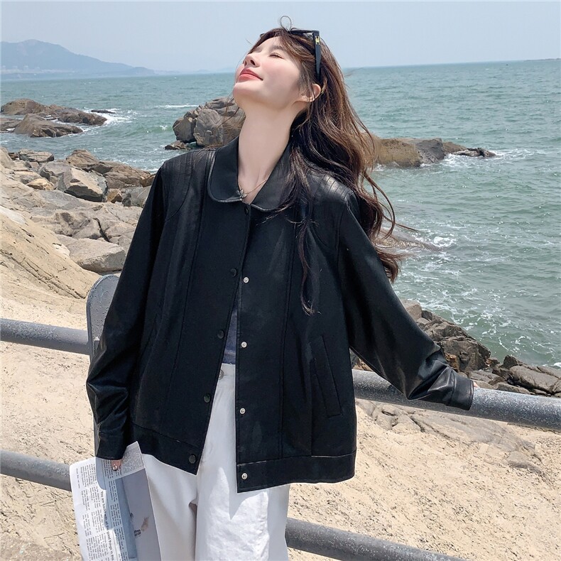 黑色美式复古皮衣女2025秋季新款又酷又飒休闲宽松翻领机车夹克,女装皮衣,2C217