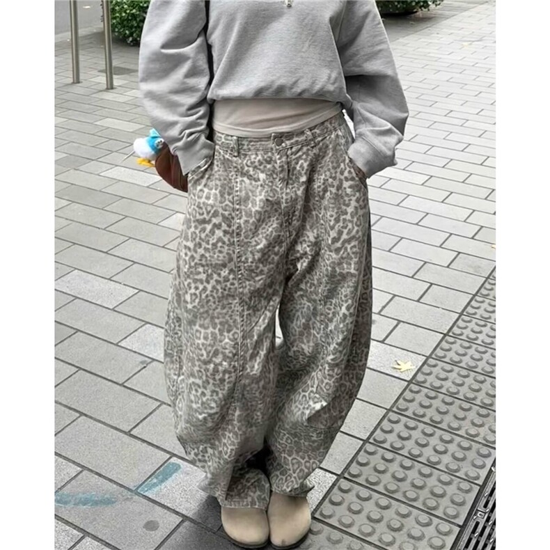 美式豹纹直筒裤男女复古潮牌小众休闲裤废土风宽松显瘦裤子N15044,男装休闲裤,星座601-1