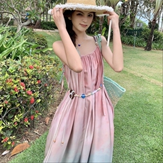 高级感渐变吊带连衣裙套装女2025夏新款度假风镂空开衫长裙两件套，女装套装/套裙，2C057