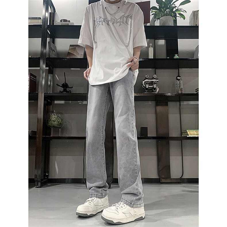 现货大码高品质微喇弹力烟灰水泥色直筒牛仔裤K5800-P55控78,男装牛仔裤,星座205