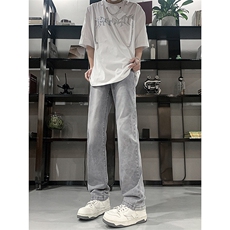 现货大码高品质微喇弹力烟灰水泥色直筒牛仔裤K5800-P55控78，男装牛仔裤，星座205