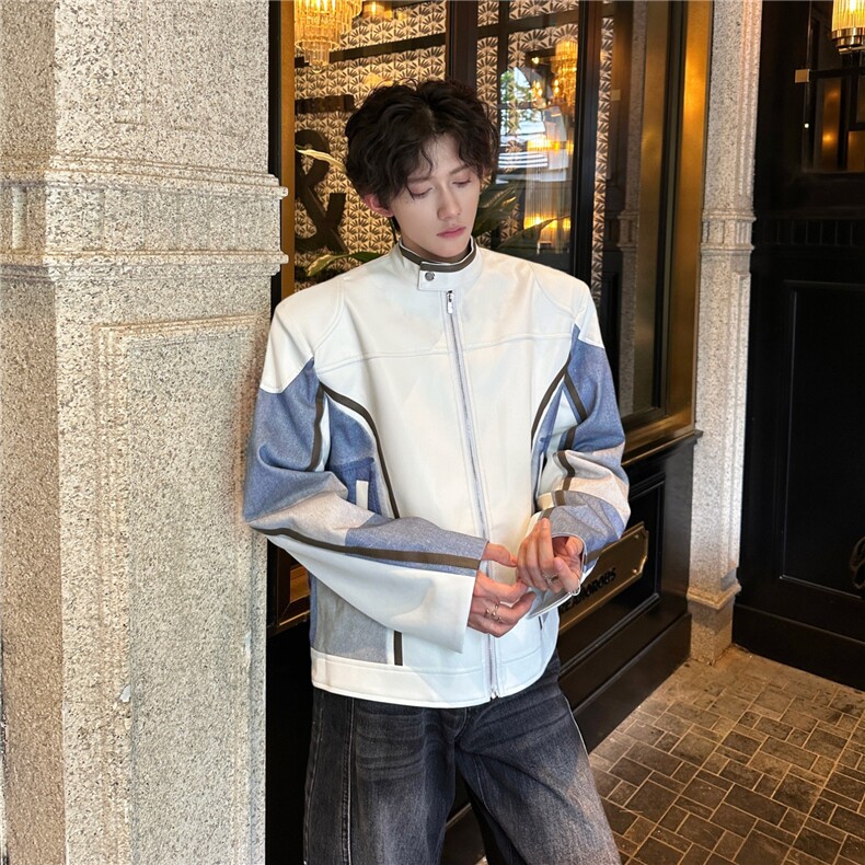 春秋立领皮衣夹克男女炸街牛仔拼接赛车服高级感宽松痞帅外套潮流,男装工装外套,星座506A