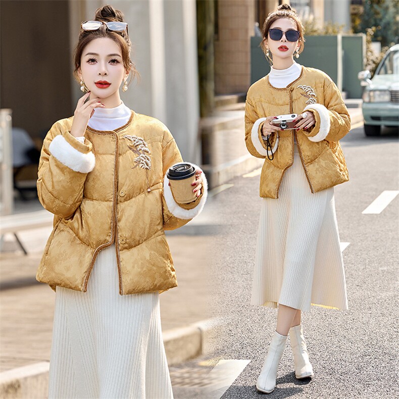 新中式提花羽绒服女2024冬季款毛绒拼接小个子白鸭绒短款外套,女装羽绒服,仟媚宠