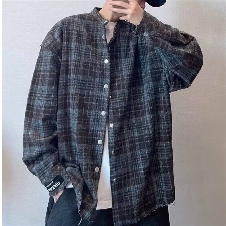 春季美式复古蓝咖色呢子格纹长袖厚衬衫男款慵懒休闲百搭衬衣外套,男装衬衫,星座715-4