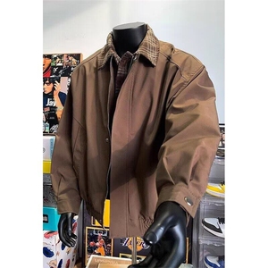 美式棕色飞行夹克男春潮牌格纹拼接翻领棒球服高街复古巴恩风外套图片