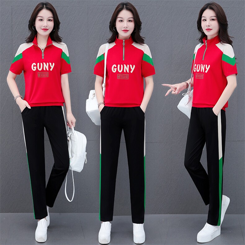 燕颉立领运动服短袖套装女2023年夏季新款跑步服时尚休闲服两件套,女装套装/套裙,燕颉服饰