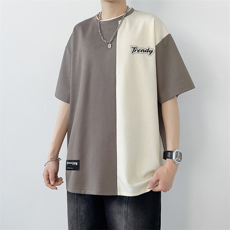 冰氧仿棉短袖港风白墙夏季休闲百搭撞色拼接男上衣TC3155-P23控48,男装T恤,星座717