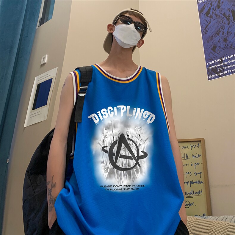 港风纯棉夏季休闲拼色螺纹印花网眼篮球背心男女T6930P35控48,男装背心/马甲,电商A268A