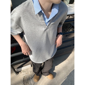 夏季重磅纯棉假两件衬衣纯色短袖上衣时尚个性潮男款图片
