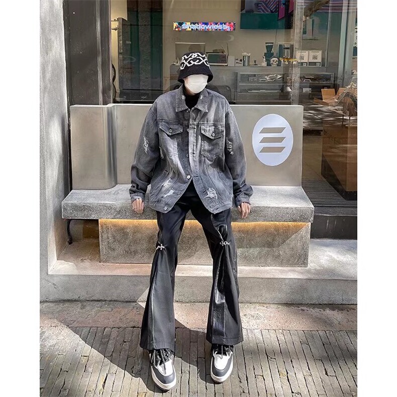 美式复古破洞牛仔外套男春秋季vibe潮牌翻领夹克宽松痞帅工装上衣,男装夹克,星座601-2