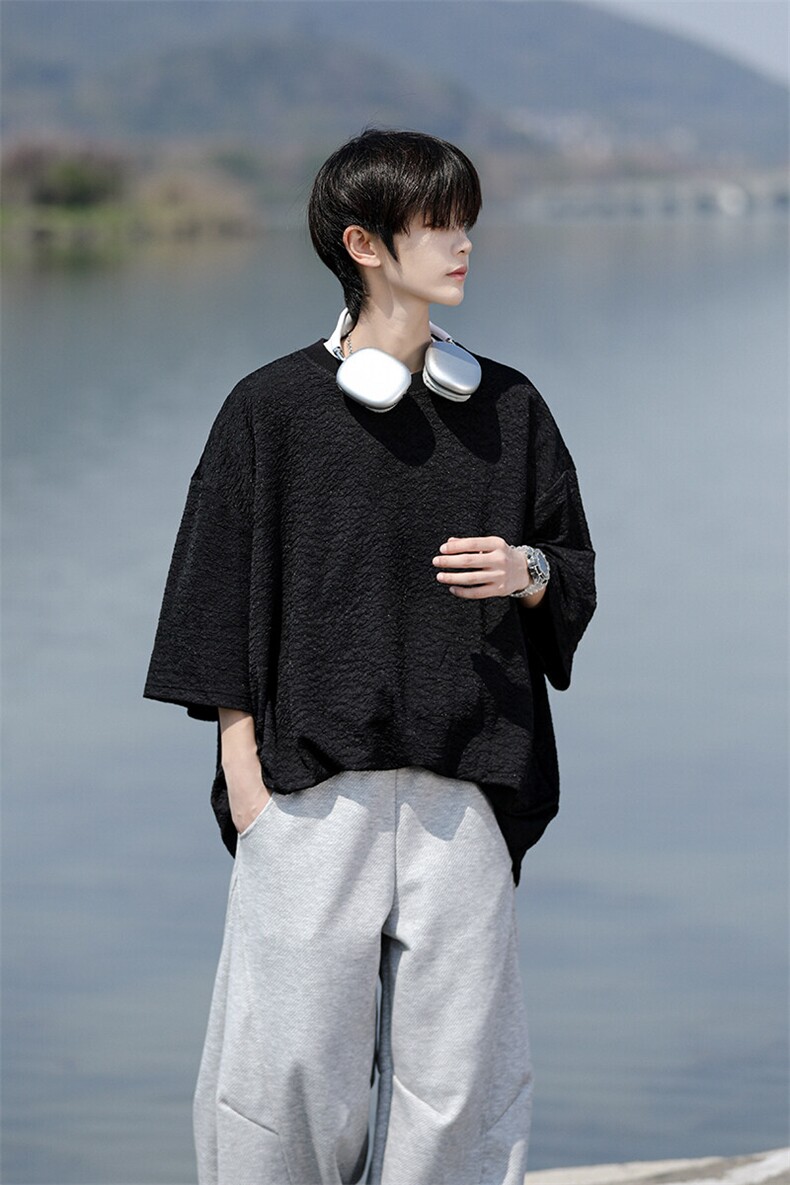 8XL-M特大码短T恤泡泡袖肌理感冰丝短袖衬衫上衣五分袖DX322P25,男装T恤,电商D206-1