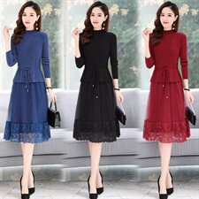 2022冬季新款时尚舒适A字蕾丝边裙摆两件套毛衣连衣裙，女装连衣裙，魅丽静蓝